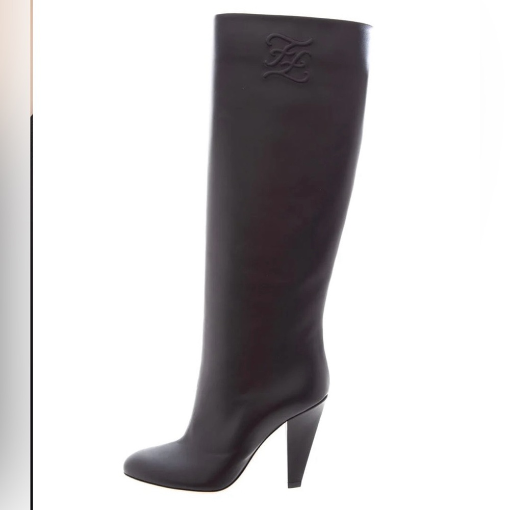 FENDI Karligraphy Leather Knee High Black Boots - Picture 3 of 12